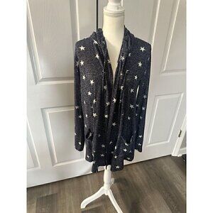 Lucky Brand Blue White Star Print Hooded Cardigan Sweater Size Small